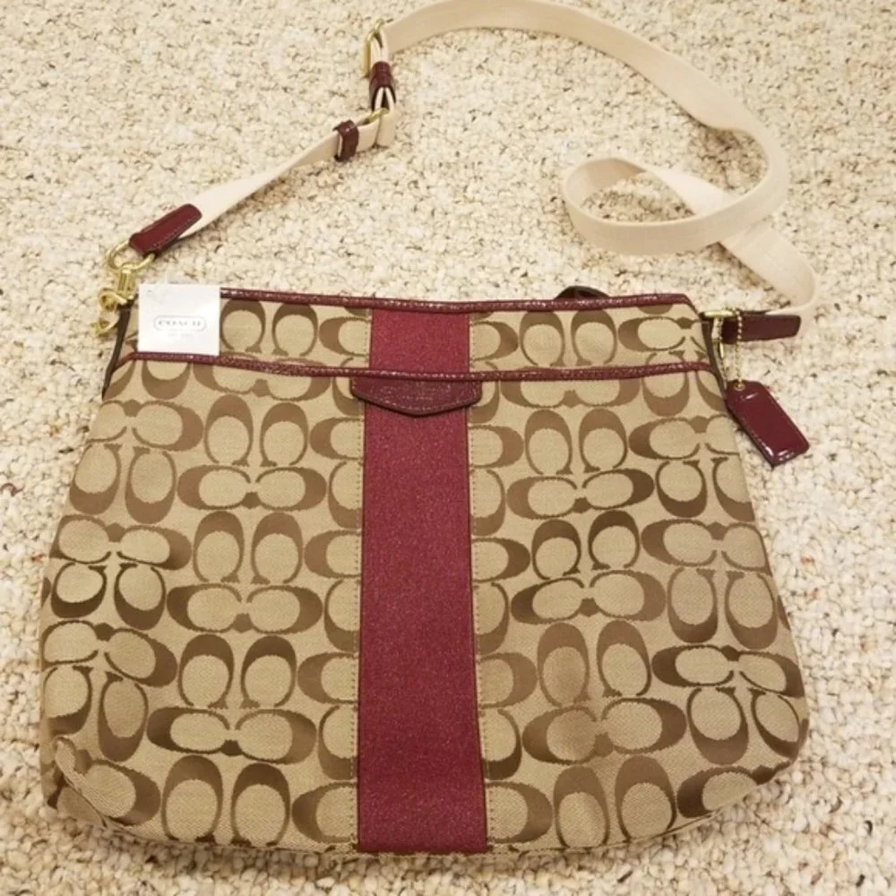 NWT! COACH Khaki with Merlot Monogram Bag